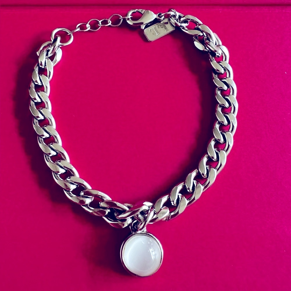 Silver Curb Chain Bracelet with moonstone charm